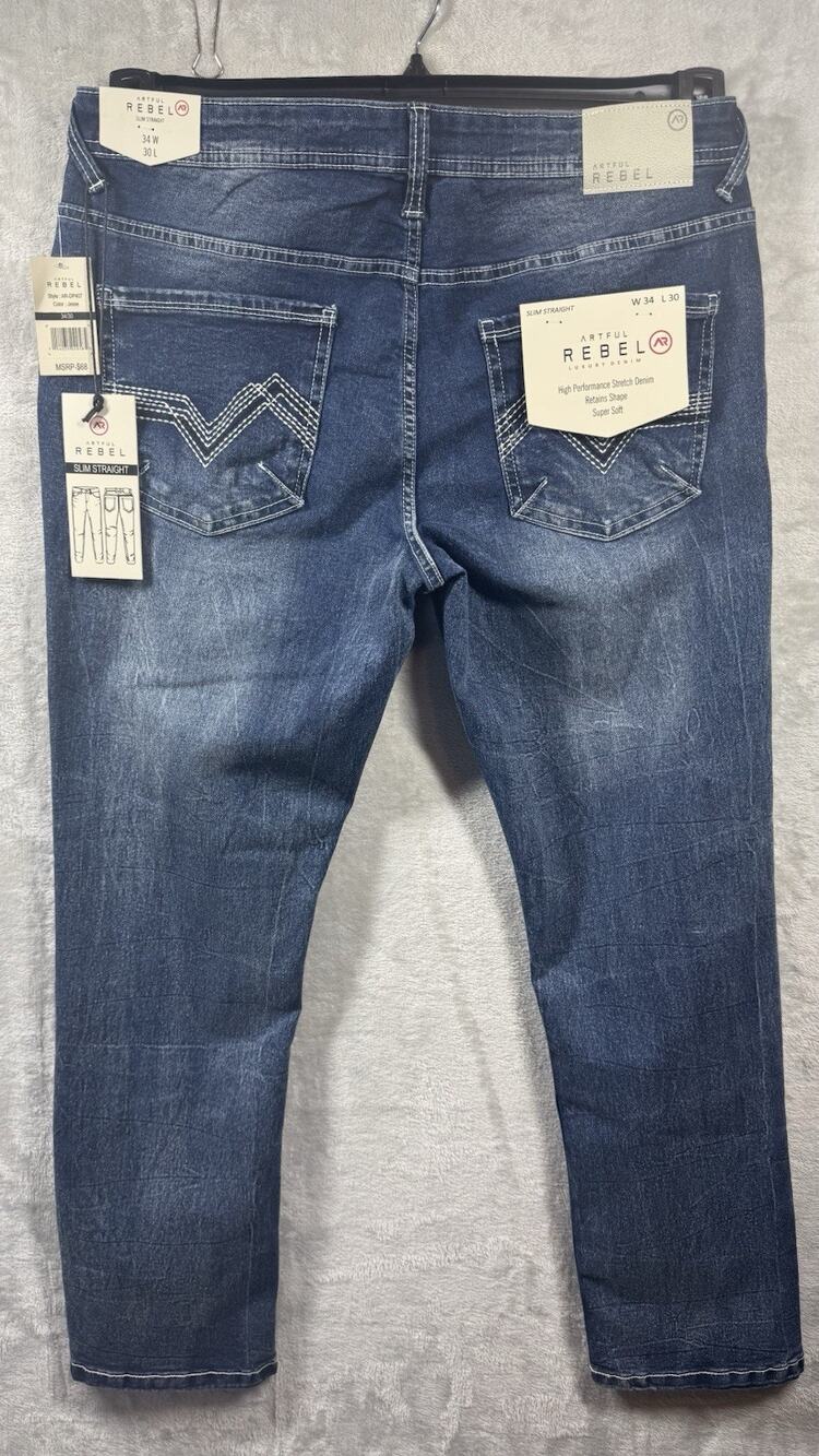 Artful Rebel NEW Jeans Mens 34x30 Blue Denim Slim Straight Leg Stretch Soft Zip
